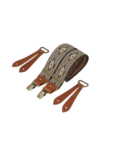 Brede bretellen met clips en cognac leer - Aztekenpatroon
