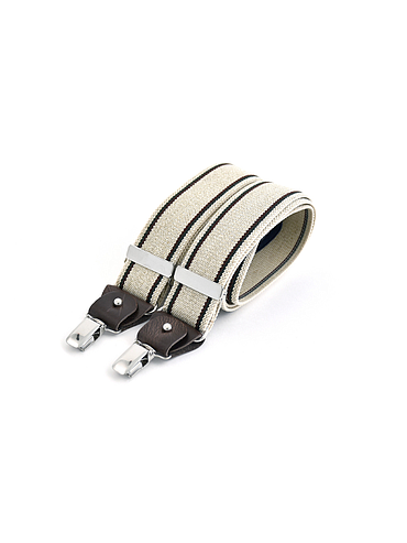Wide clip-on suspenders with leather details – Thin wine and green stripes on ecru